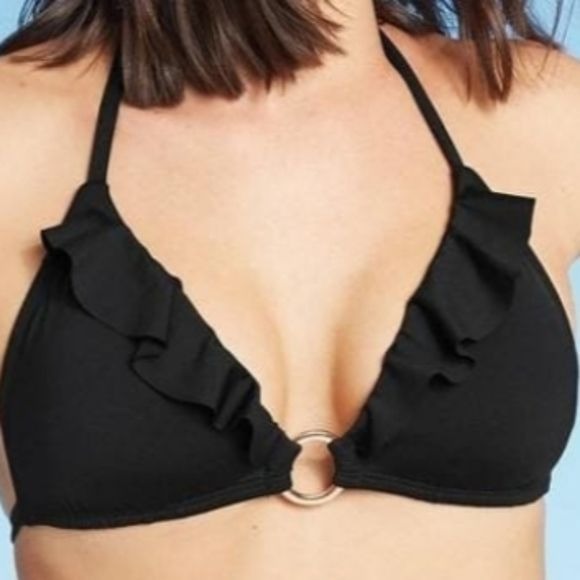 Shade & Shore Black Front Ring Ruffle Bikini Top